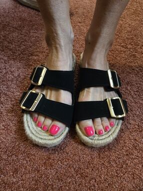 Haute Hippie Black Suede Double Buckle Espadrille Slide Sandals